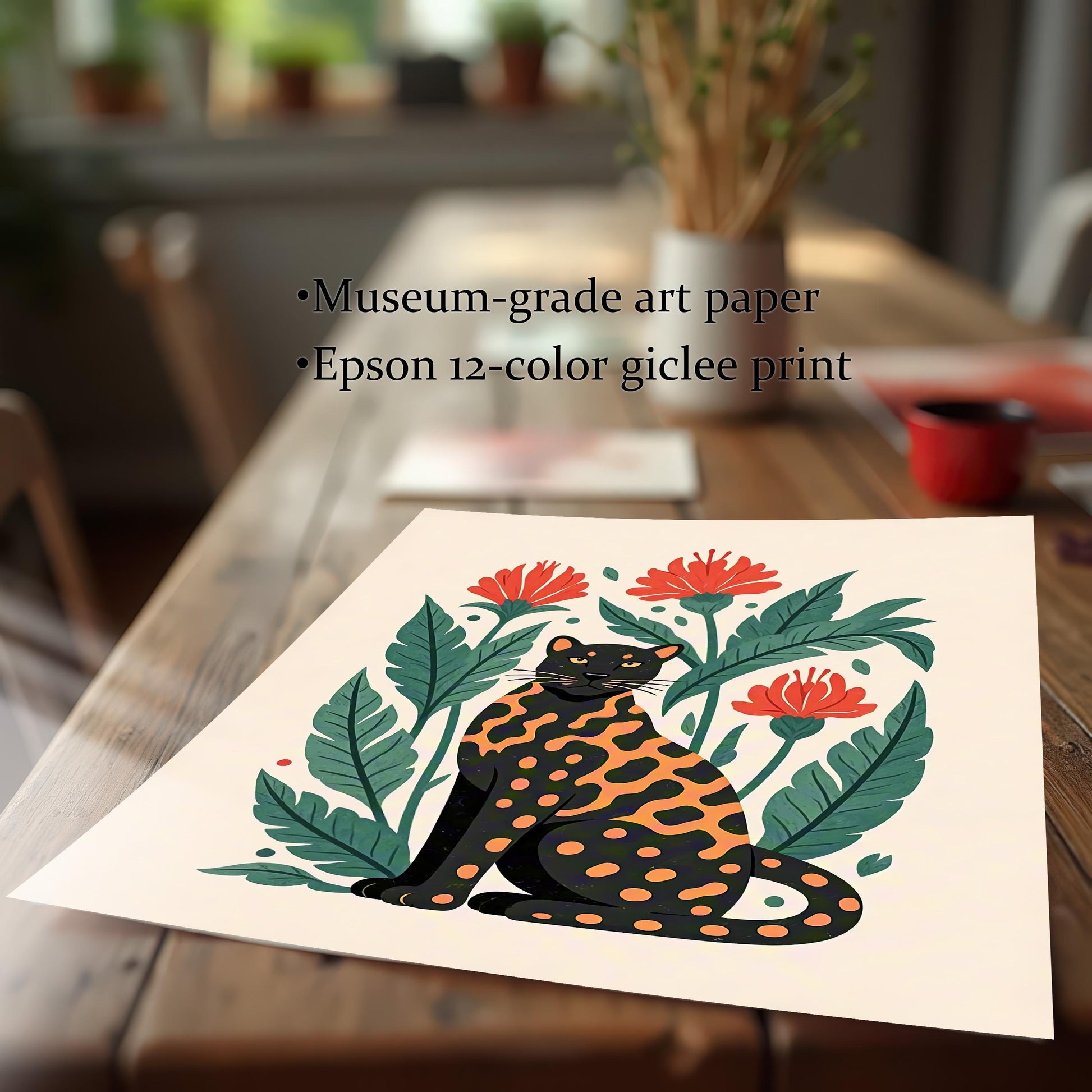 A close-up of a print showing a black and orange spotted leopard surrounded by red flowers and green leaves, with text about it being "Museum-grade art paper" and "Epson 12-color giclee print".