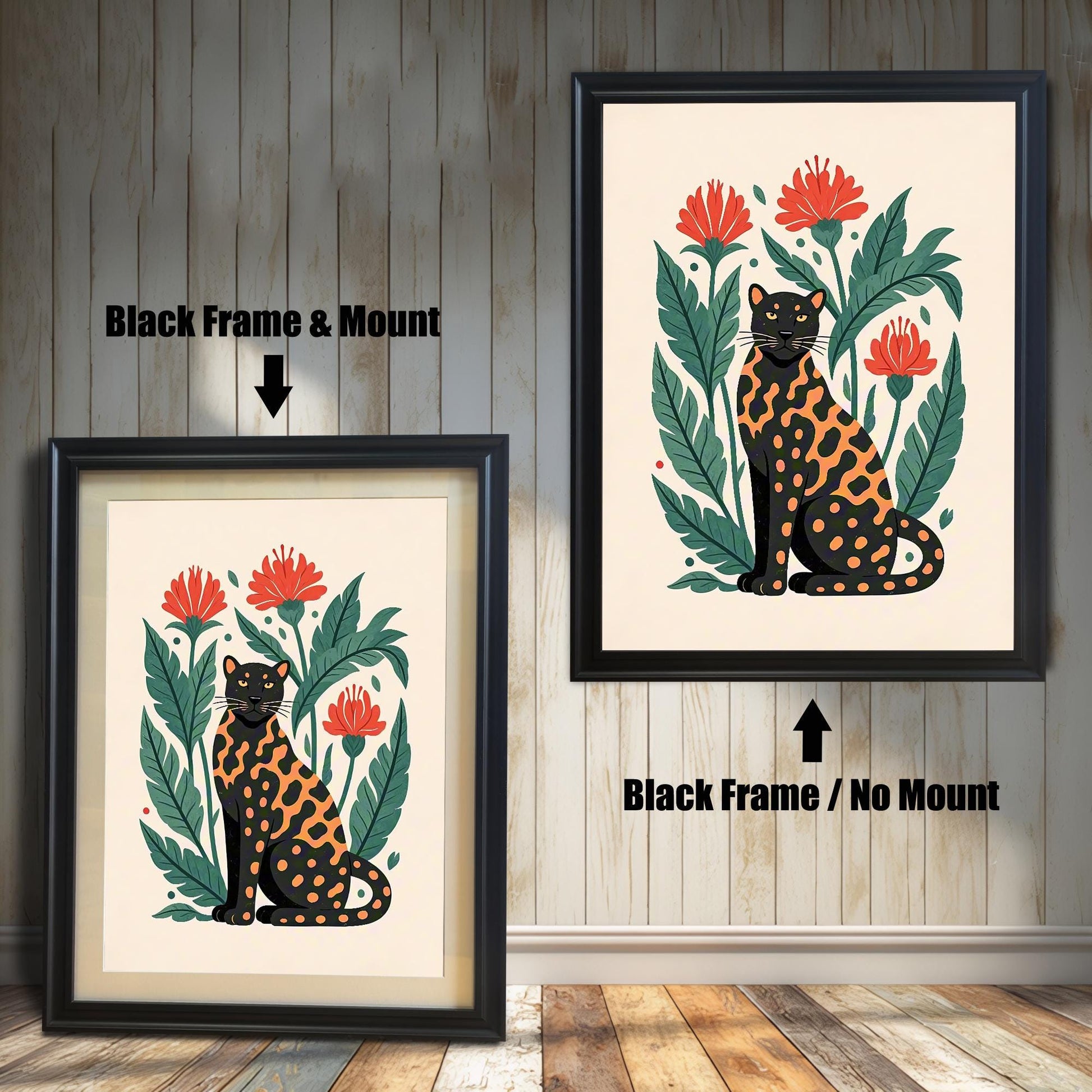 Two framed prints of a black and orange spotted leopard. The left print has a mount and the right one does not, showing the difference in framing options.