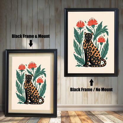 Two framed prints of a black and orange spotted leopard. The left print has a mount and the right one does not, showing the difference in framing options.