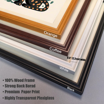 A close-up of four frame corner samples in different colors: orange, coffee, white, and black. Text indicates they are "100% Wood Frame" and have "Highly Transparent Plexiglass".