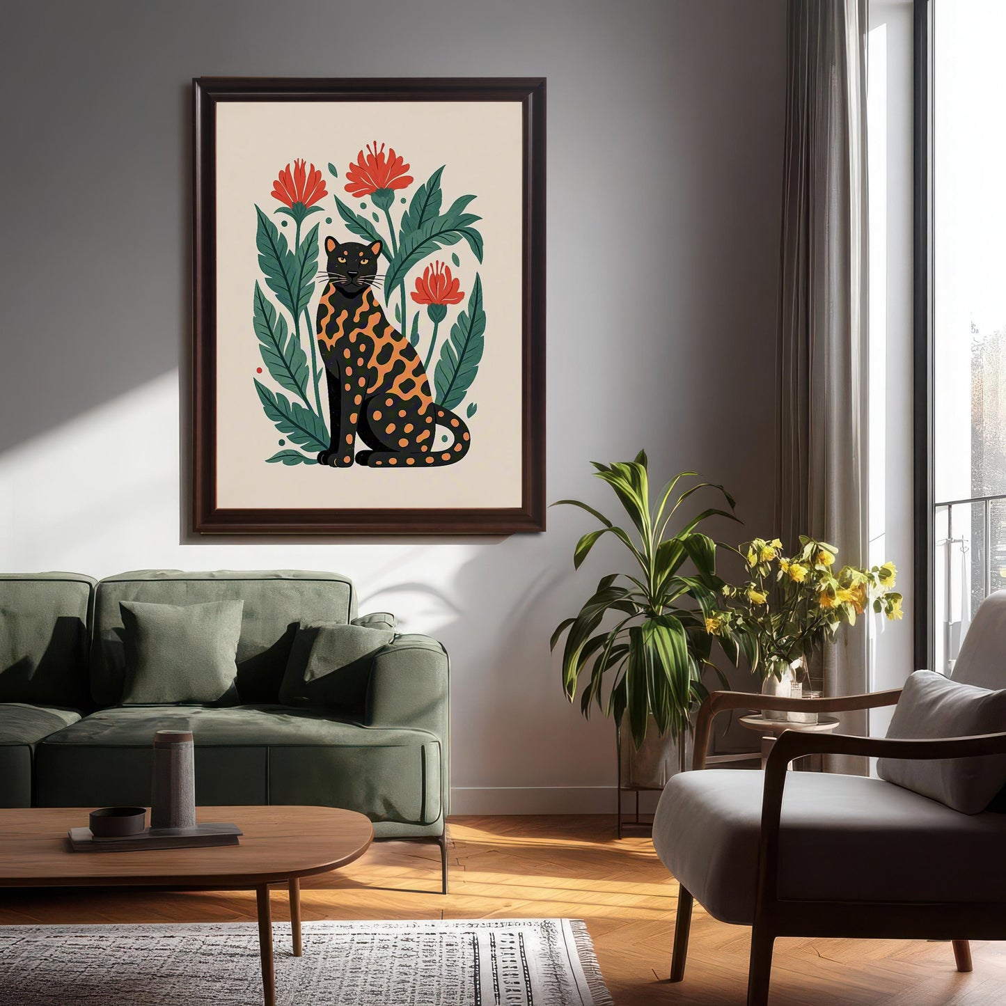 A large framed print of a black and orange spotted leopard and red flowers hanging on a light gray wall above a green couch in a modern living room.