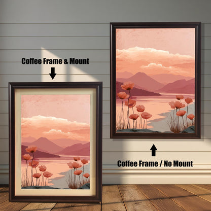 Two versions of the poppy landscape art print side-by-side, both with a Coffee (dark brown) frame. The print on the left is shown with a Coffee Frame & Mount (matting), and the print on the right is shown with a Coffee Frame / No Mount.