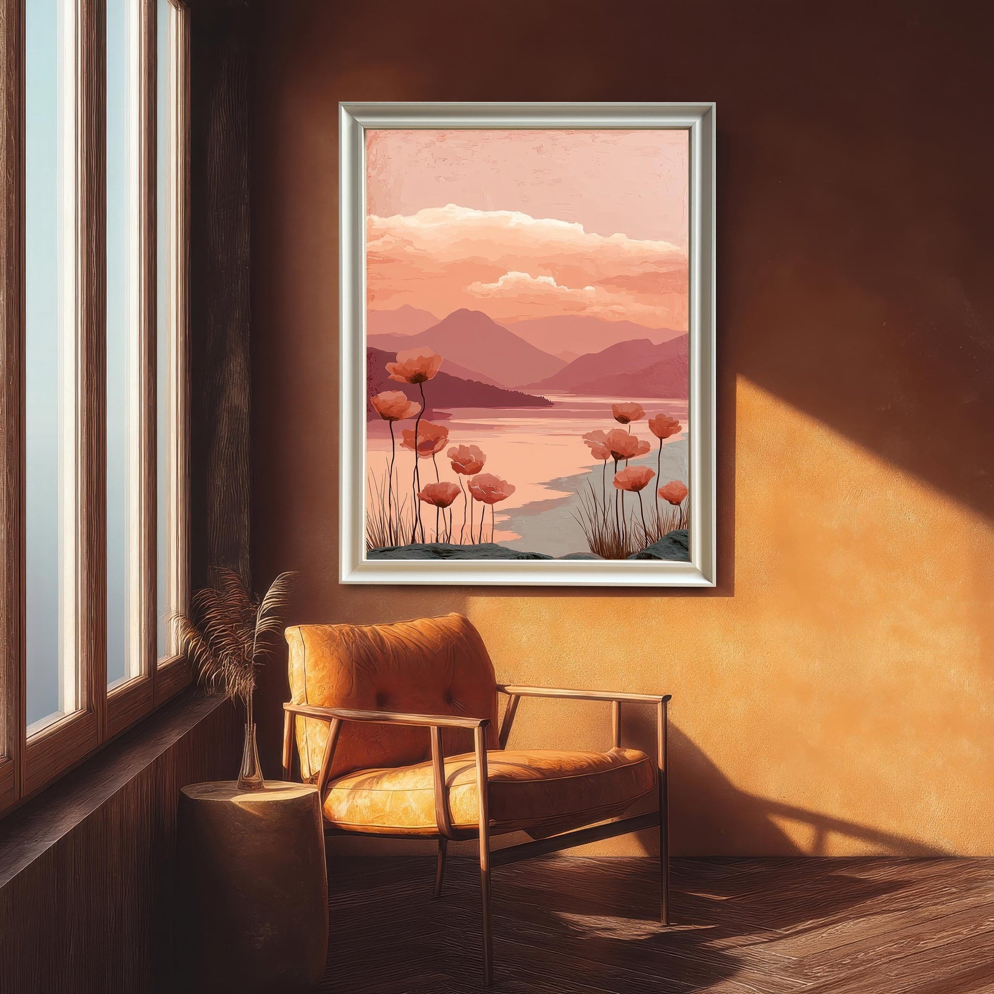 A framed art print of the poppy landscape with a white/silver frame, hanging on an orange-colored wall above an orange leather chair, next to a tall window letting in sun.