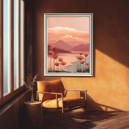A framed art print of the poppy landscape with a white/silver frame, hanging on an orange-colored wall above an orange leather chair, next to a tall window letting in sun.
