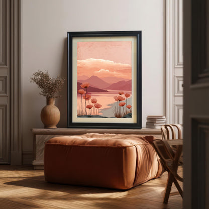 A framed art print of the poppy landscape with a black frame, resting on a console table above a large, soft brown ottoman. The setting is an elegantly paneled room with wood floors.
