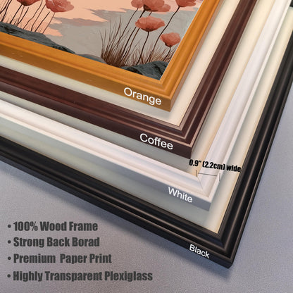 A close-up, stacked view of four frame corners to show color options and material details: Orange, Coffee (dark brown), White, and Black. Text highlights: 0.9" (2.2cm) wide, 100% Wood Frame, Strong Back Borad, Premium Paper Print, Highly Transparent Plexiglass.