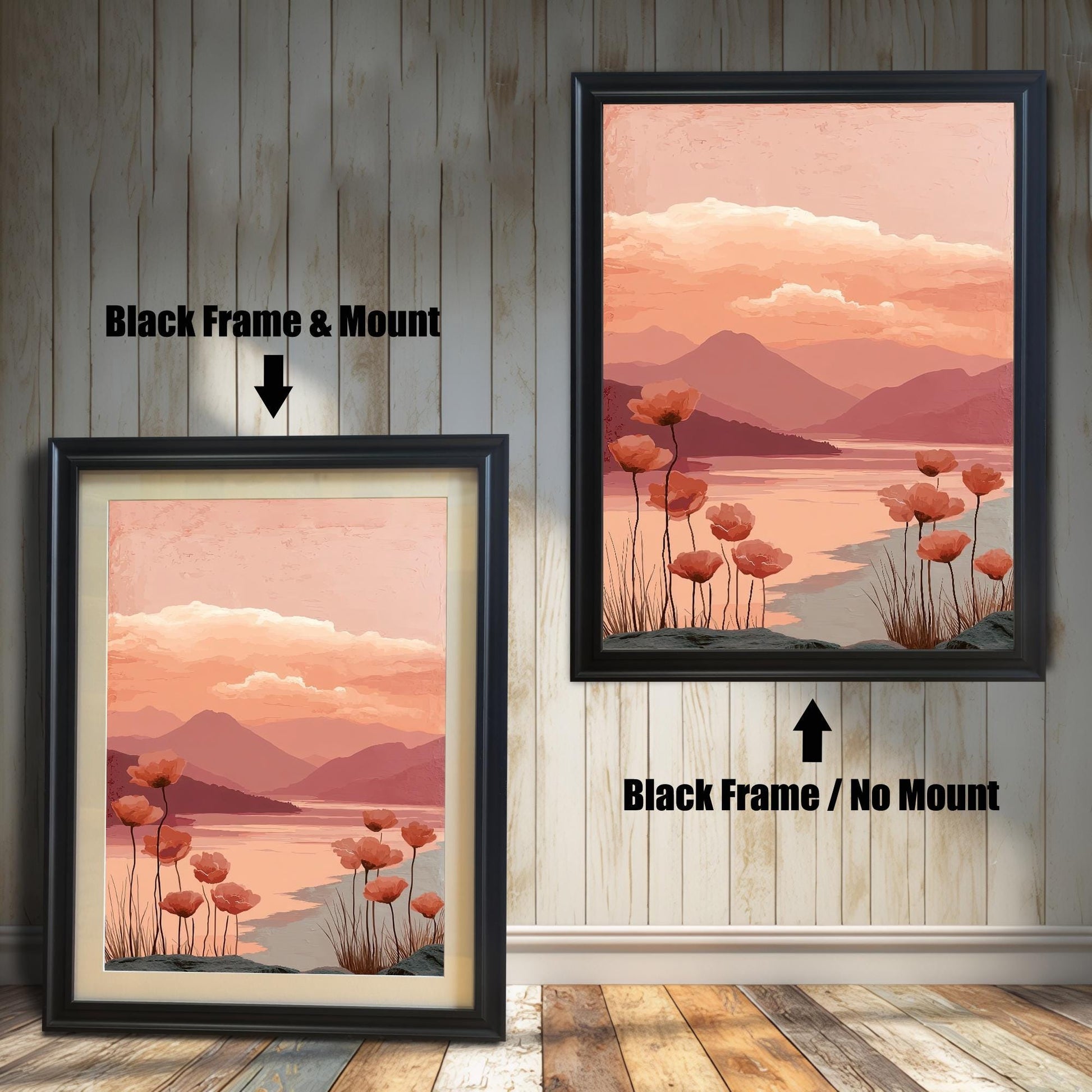 Two versions of the poppy landscape art print side-by-side, both with a black frame. The print on the left is shown with a Black Frame & Mount (matting), and the print on the right is shown with a Black Frame / No Mount.