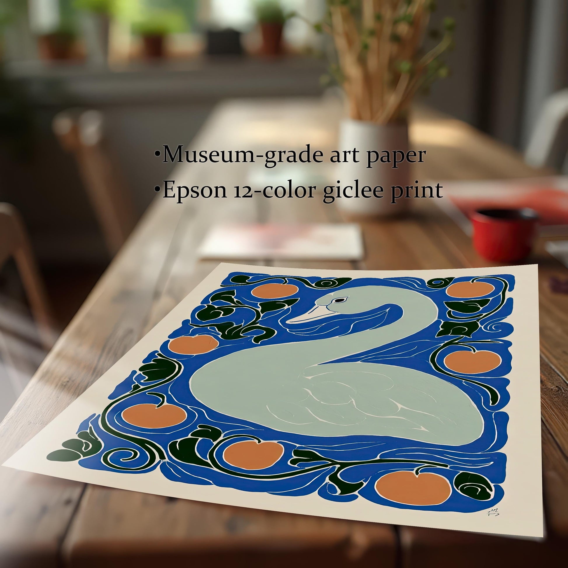 A close-up view of the unframed swan art print lying on a wooden table. Text overlay reads: "Museum-grade art paper" and "Epson 12-color giclee print."