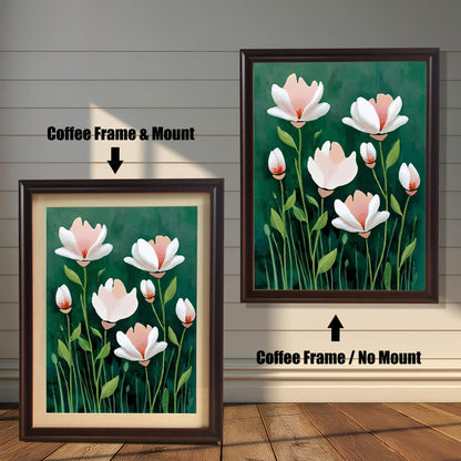 Two framed prints of the abstract floral artwork against a white wooden plank wall. The print on the left is a Coffee Frame & Mount (dark brown frame with a light border/mat). The print on the right is a Coffee Frame / No Mount (dark brown frame where the art extends to the frame edge).