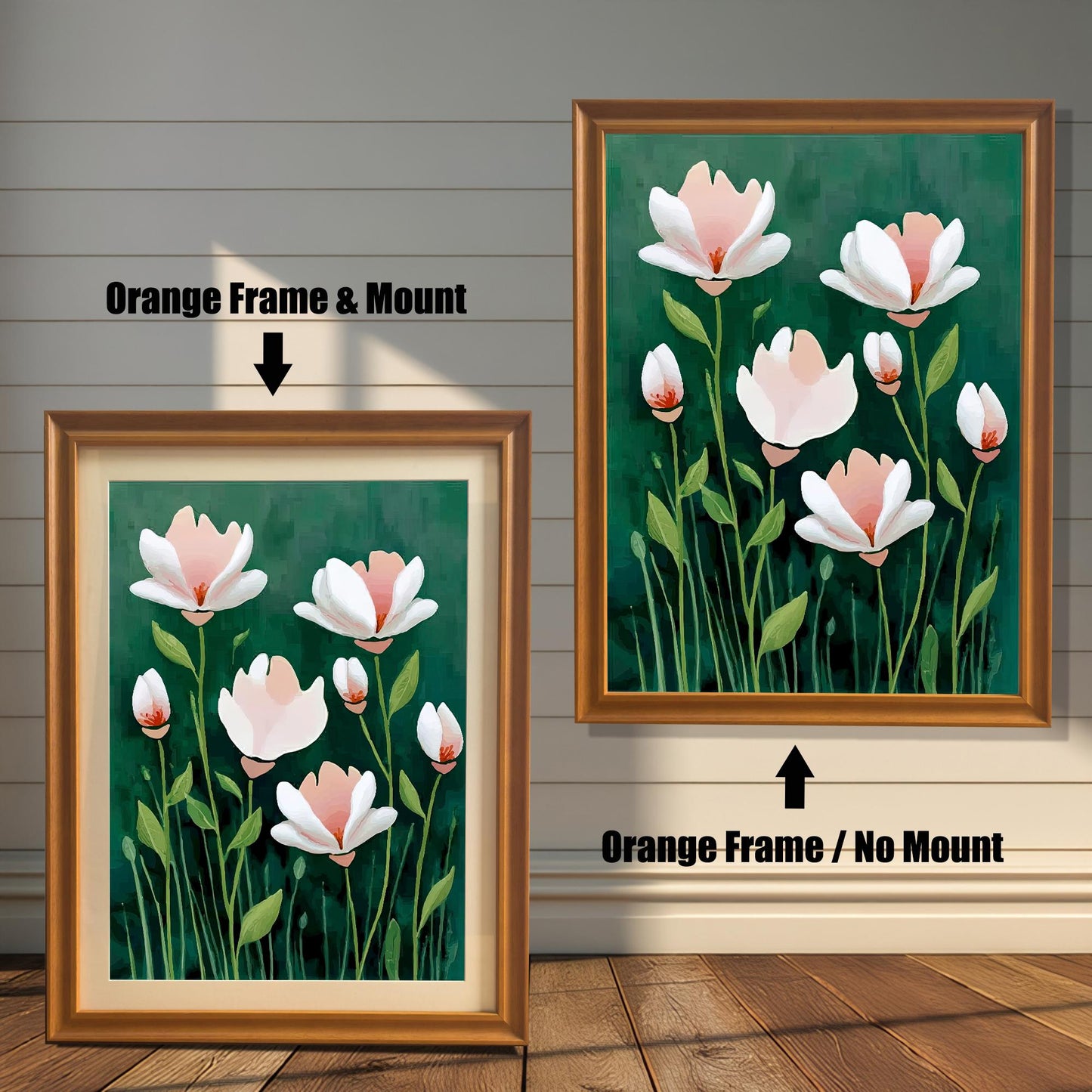 Two framed prints of the abstract floral artwork against a white wooden plank wall. The print on the left is an Orange Frame & Mount (golden-brown frame with a light border/mat). The print on the right is an Orange Frame / No Mount (golden-brown frame where the art extends to the frame edge).