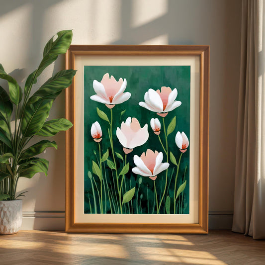 The framed floral art is in a golden-brown (Orange) frame, standing on a wooden floor next to a large potted green plant.
