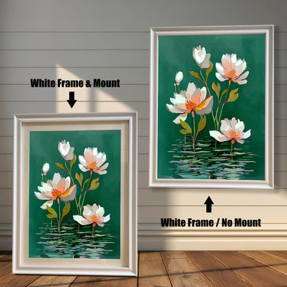Abstract watercolor-style painting of white and pale orange water lilies on a dark green background. The image shows two framed options: one on the left with a White Frame & Mount (matting), and one on the right with a White Frame / No Mount. Both are displayed against a white wood-paneled wall and a wooden floor.