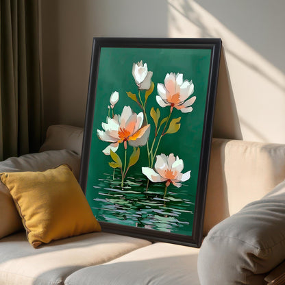 Close-up, angled view of the framed watercolor-style water lily print. The print is in a Black frame and is leaning on a beige sofa next to a yellow pillow, with dramatic sunlight shining in from the side.