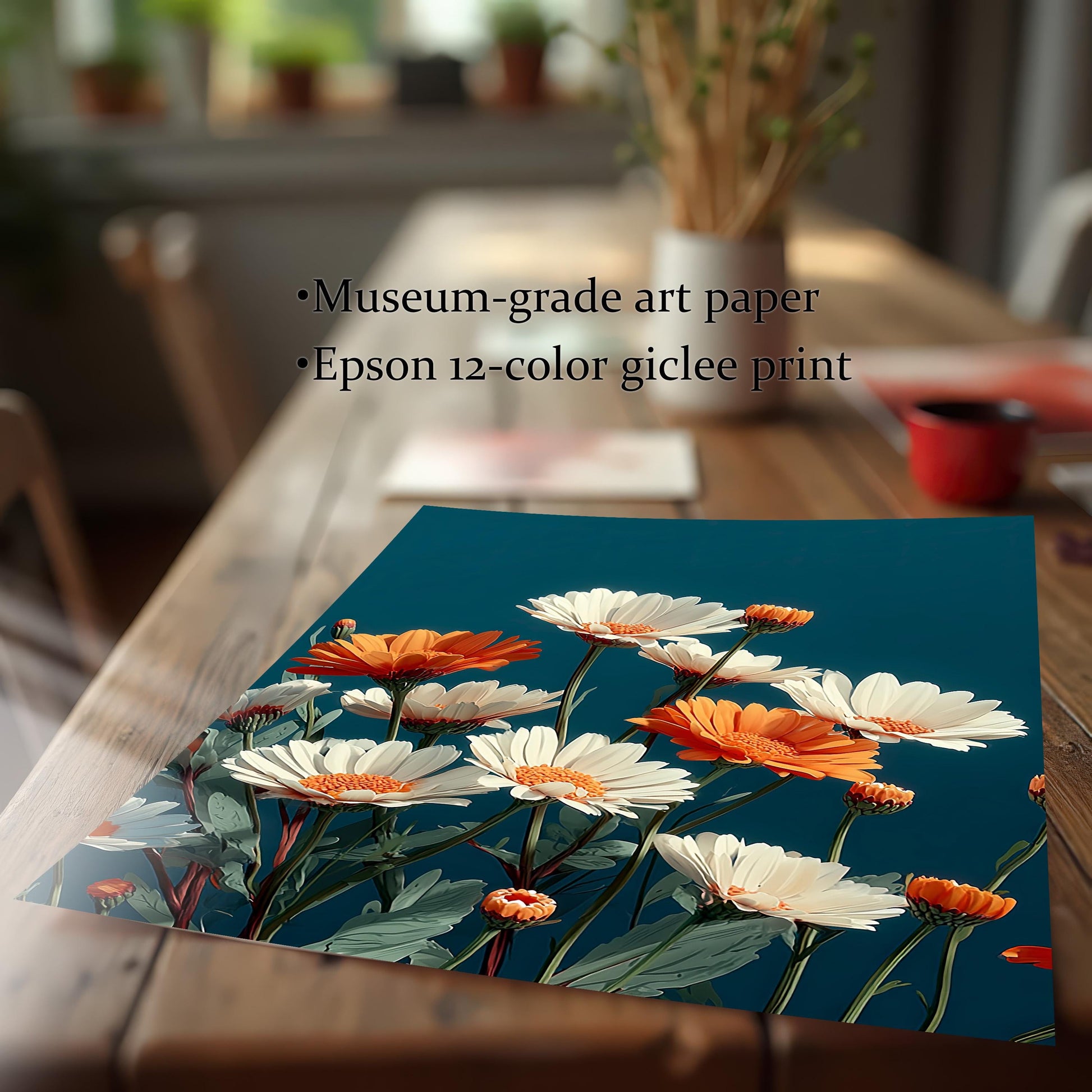 Close-up of an unframed print of the daisy artwork lying on a wooden table. Text overlay reads: "Museum-grade art paper" and "Epson 12-color giclee print," highlighting the high-quality print materials.