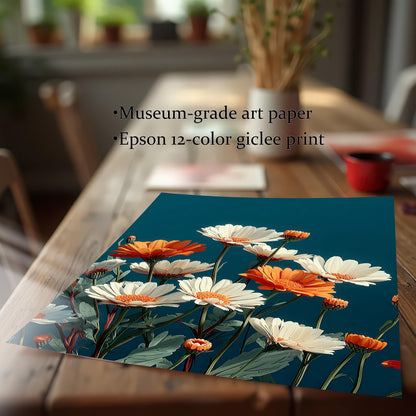 Close-up of an unframed print of the daisy artwork lying on a wooden table. Text overlay reads: "Museum-grade art paper" and "Epson 12-color giclee print," highlighting the high-quality print materials.