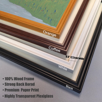 Close-up stack of four different frame color options (Orange, Coffee, White, Black) in the corner of the frame. Text notes the frame is 0.9" (2.2cm) wide and lists features: "100% Wood Frame," "Strong Back Borad," "Premium Paper Print," and "Highly Transparent Plexiglass."