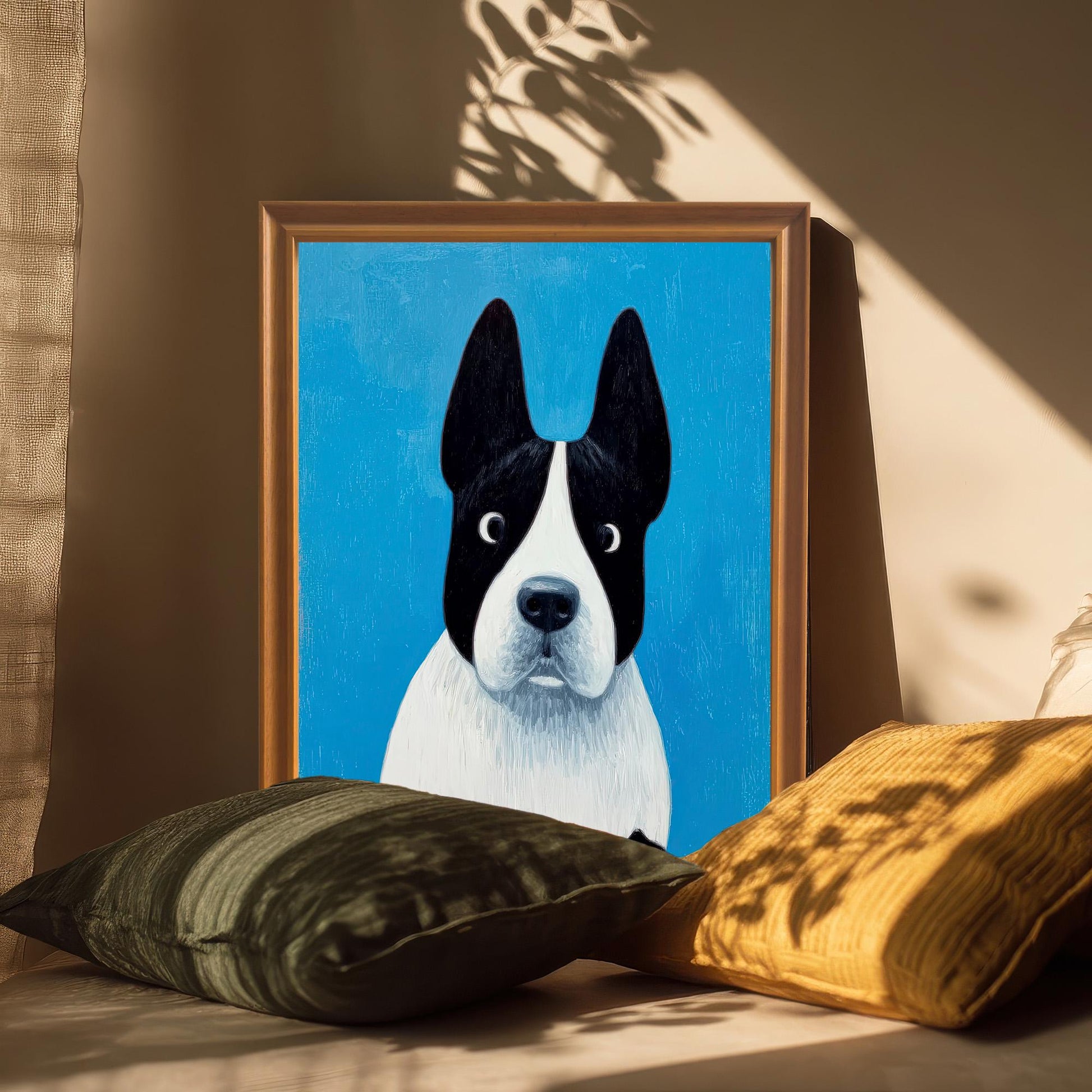 Close-up of the framed painting of the black and white dog on a bright blue background, in an Orange/Gold frame leaning on a surface indoors, framed by two pillows (one olive green, one yellow) with dramatic sun shadows falling on it.