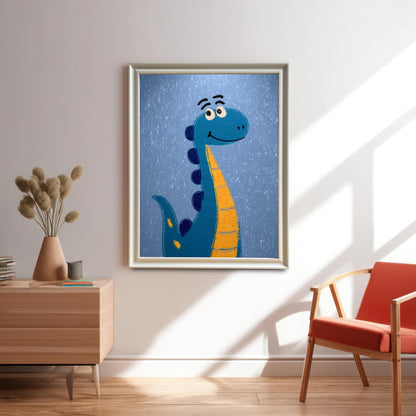 Lifestyle photo of the framed art print of a blue and orange cartoon dinosaur hanging on a white wall above a wooden side table. The frame is a light/white color. Sunlight casts a diagonal shadow across the wall and floor.