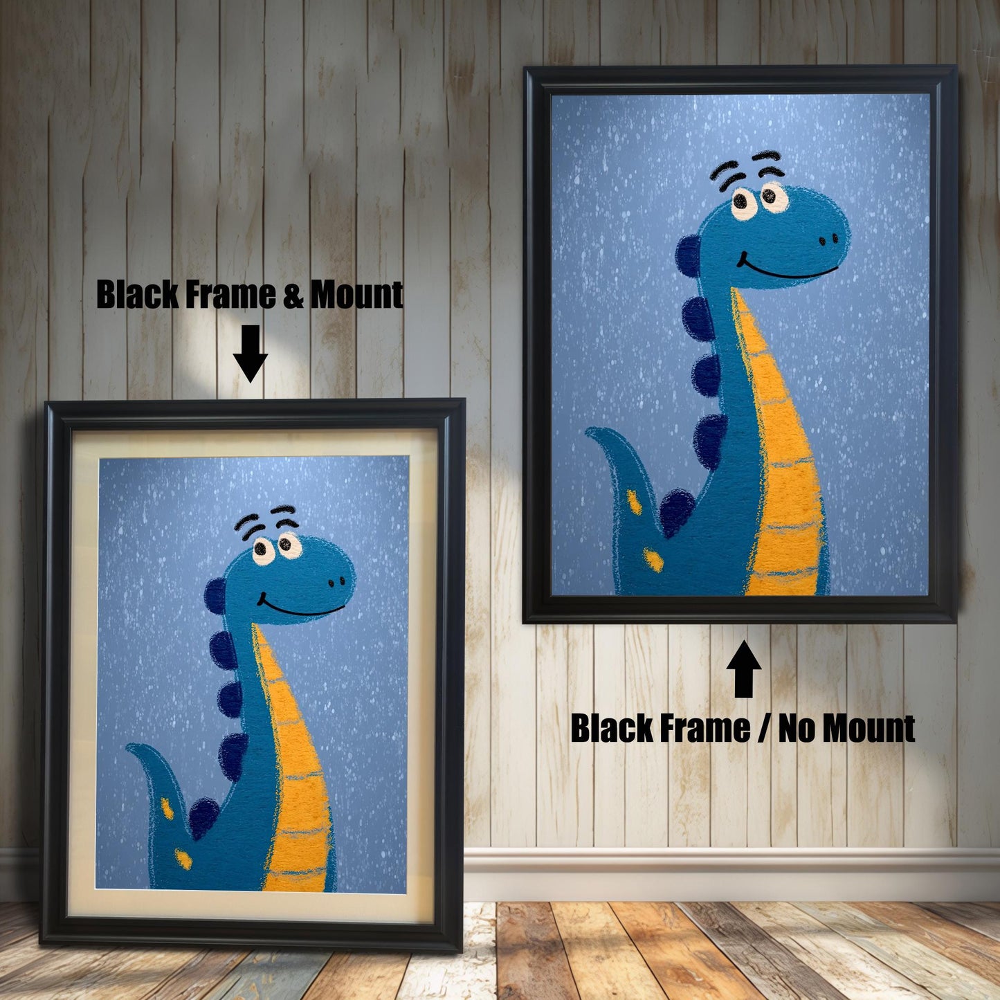 Comparison photo showing the dinosaur art print in black frames with and without a light-colored mat (mount). Arrows indicate "Black Frame & Mount" (left) and "Black Frame / No Mount" (right).
