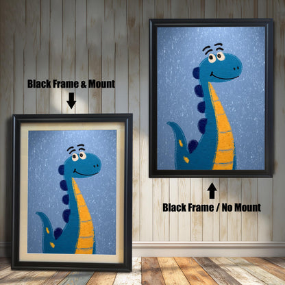 Comparison photo showing the dinosaur art print in black frames with and without a light-colored mat (mount). Arrows indicate "Black Frame & Mount" (left) and "Black Frame / No Mount" (right).