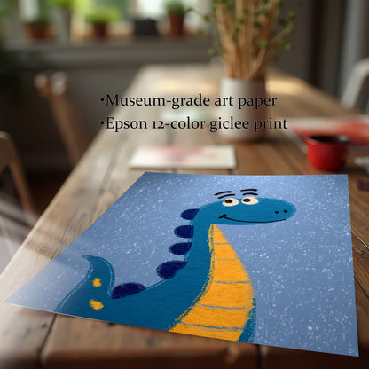 Close-up of the unframed print of the blue and orange cartoon dinosaur lying flat on a wooden table. Text overlays read: "Museum-grade art paper" and "Epson 12-color giclee print."