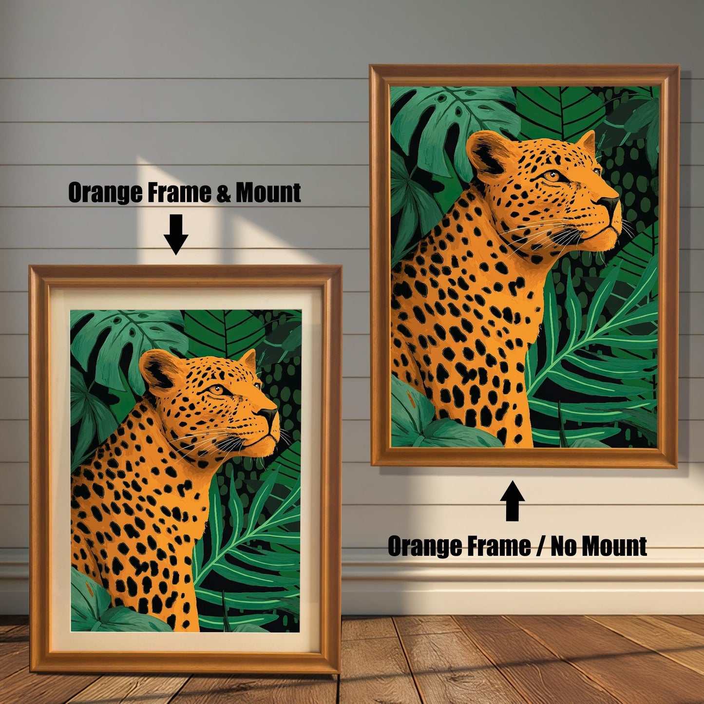 Comparison photo showing the leopard print in orange (light brown) frames with and without a light-colored mat (mount). Arrows indicate "Orange Frame & Mount" (left) and "Orange Frame / No Mount" (right).