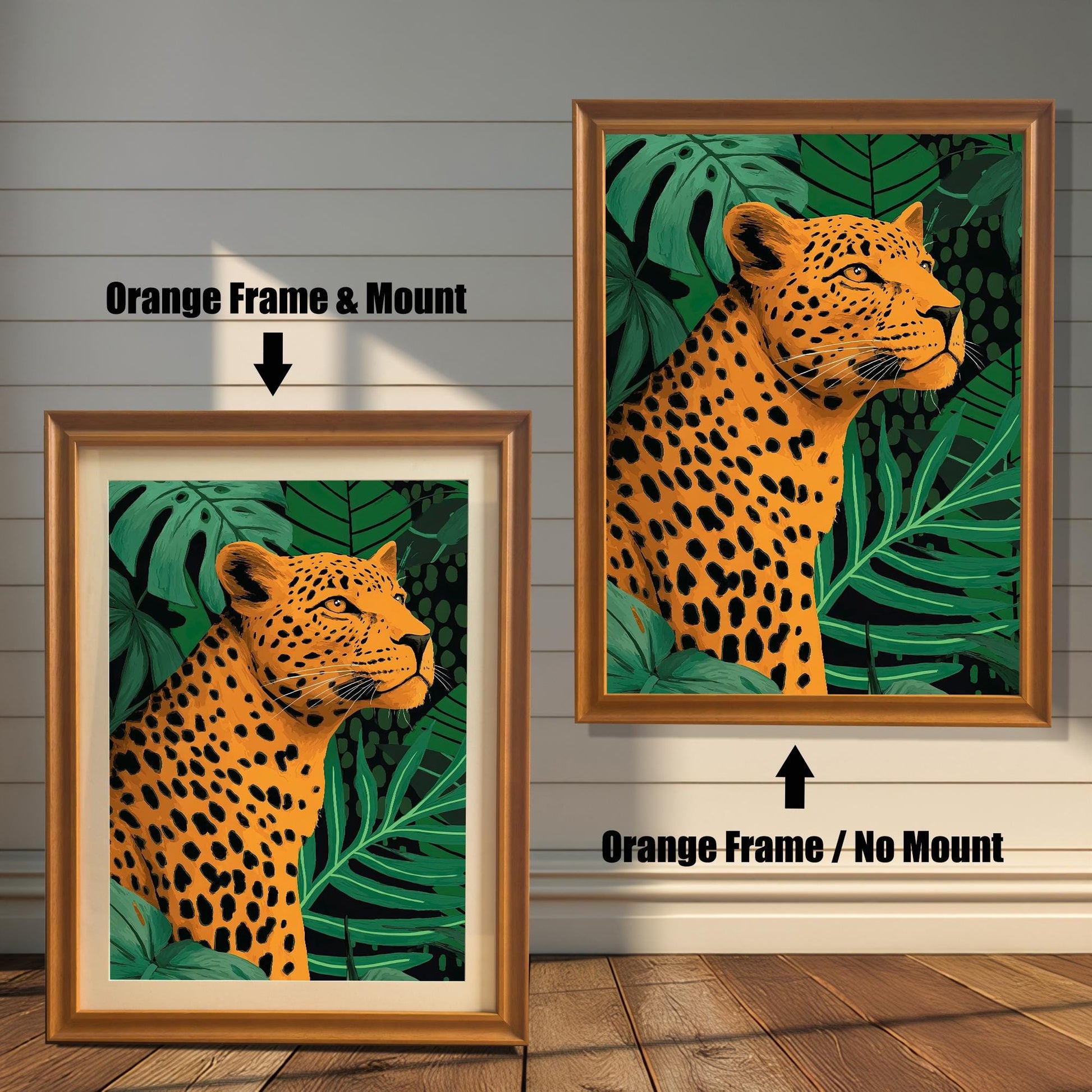 Comparison photo showing the leopard print in orange (light brown) frames with and without a light-colored mat (mount). Arrows indicate "Orange Frame & Mount" (left) and "Orange Frame / No Mount" (right).