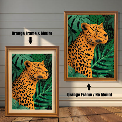 Comparison photo showing the leopard print in orange (light brown) frames with and without a light-colored mat (mount). Arrows indicate "Orange Frame & Mount" (left) and "Orange Frame / No Mount" (right).