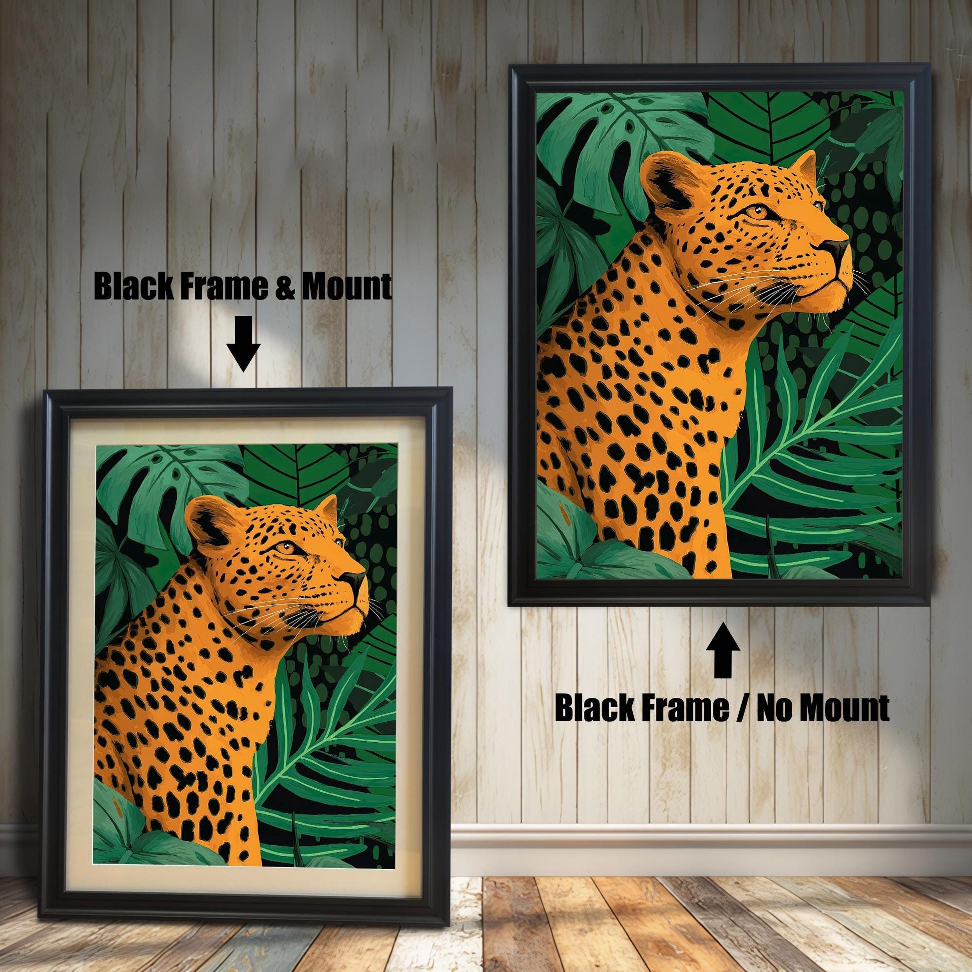 Comparison photo showing the leopard print in black frames with and without a light-colored mat (mount). Arrows indicate "Black Frame & Mount" (left) and "Black Frame / No Mount" (right).