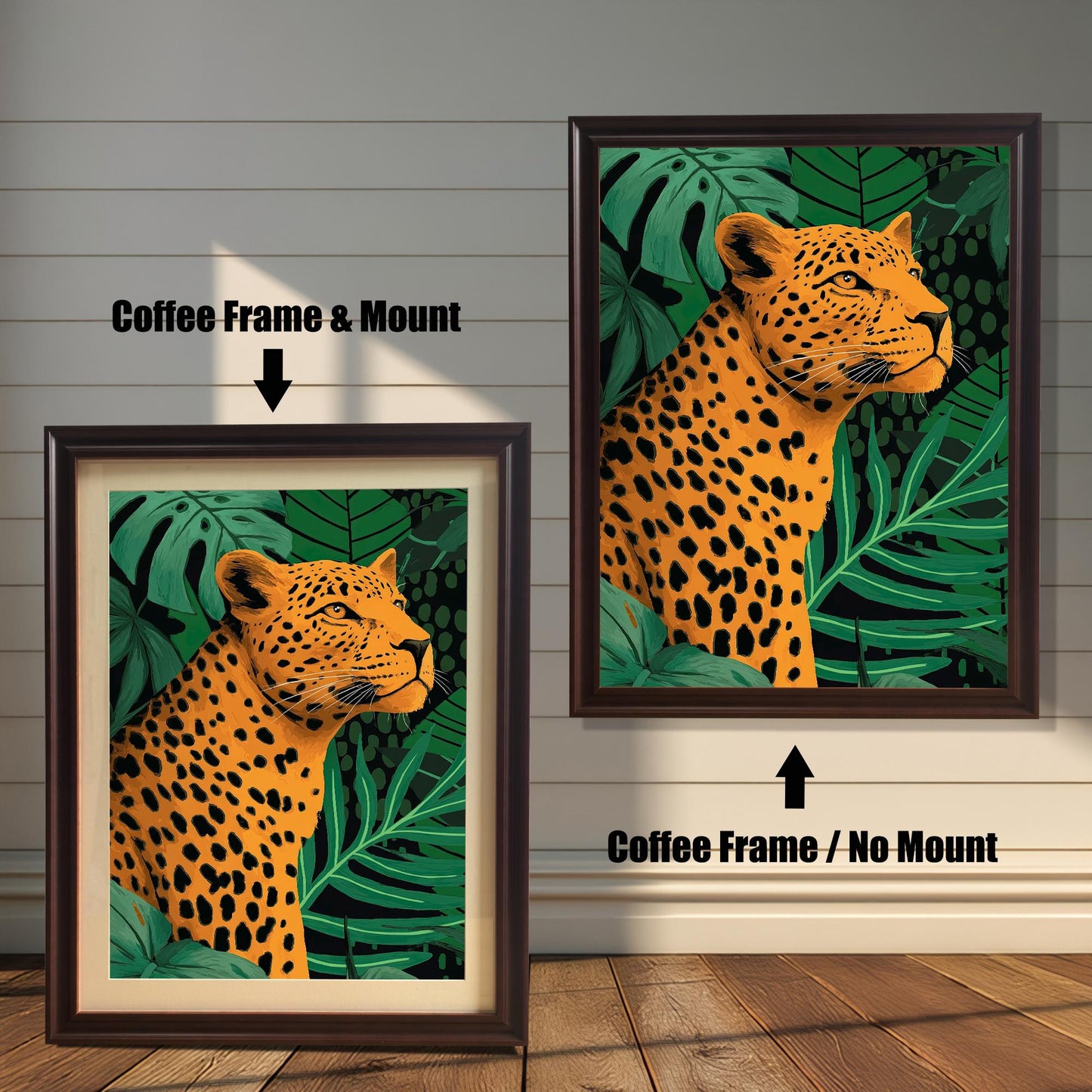 Comparison photo showing the leopard print in coffee (dark brown) frames with and without a light-colored mat (mount). Arrows indicate "Coffee Frame & Mount" (left) and "Coffee Frame / No Mount" (right).