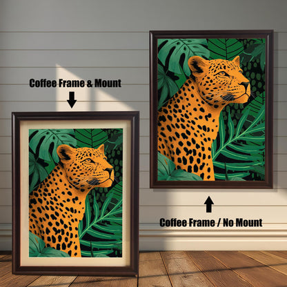 Comparison photo showing the leopard print in coffee (dark brown) frames with and without a light-colored mat (mount). Arrows indicate "Coffee Frame & Mount" (left) and "Coffee Frame / No Mount" (right).