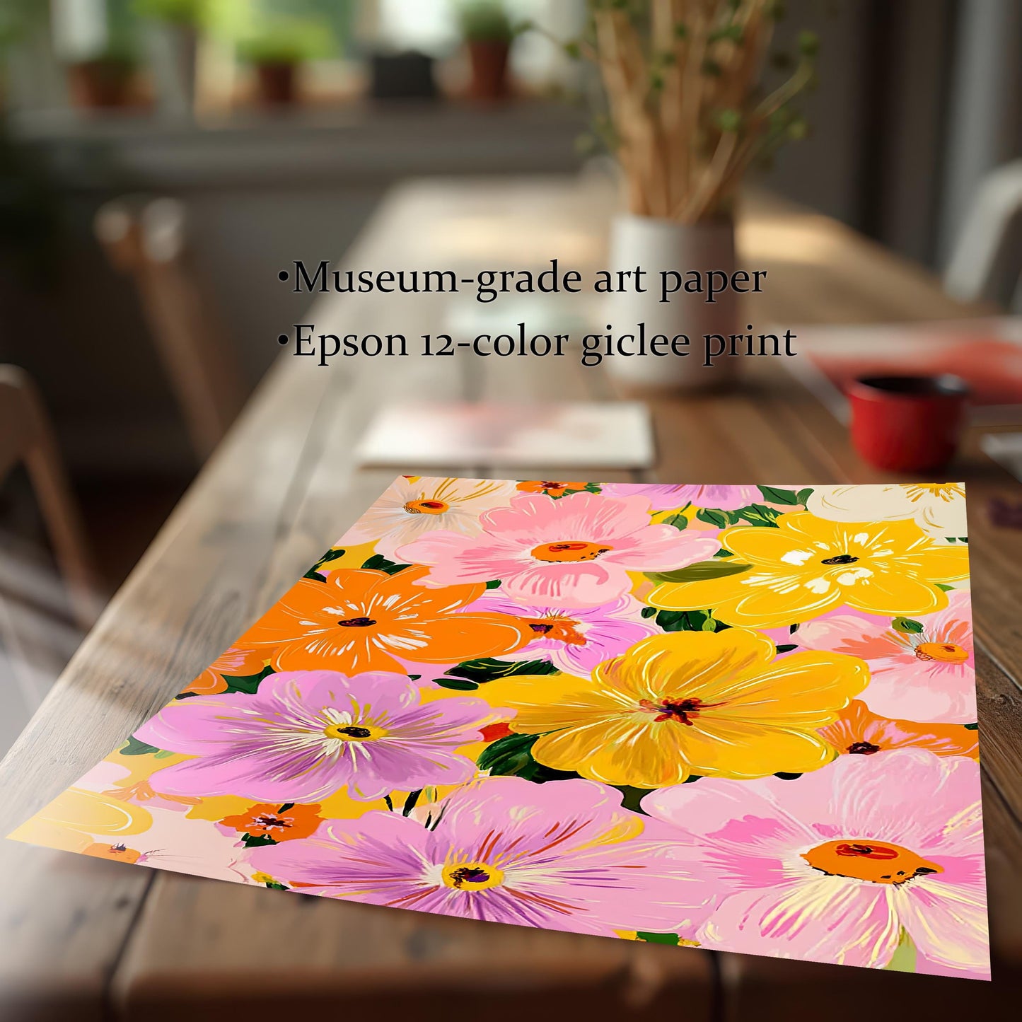Close-up of the unframed floral print lying flat on a wooden table. Text overlays read: "Museum-grade art paper" and "Epson 12-color giclee print," highlighting the print quality.