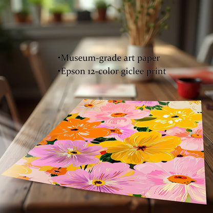 Close-up of the unframed floral print lying flat on a wooden table. Text overlays read: "Museum-grade art paper" and "Epson 12-color giclee print," highlighting the print quality.
