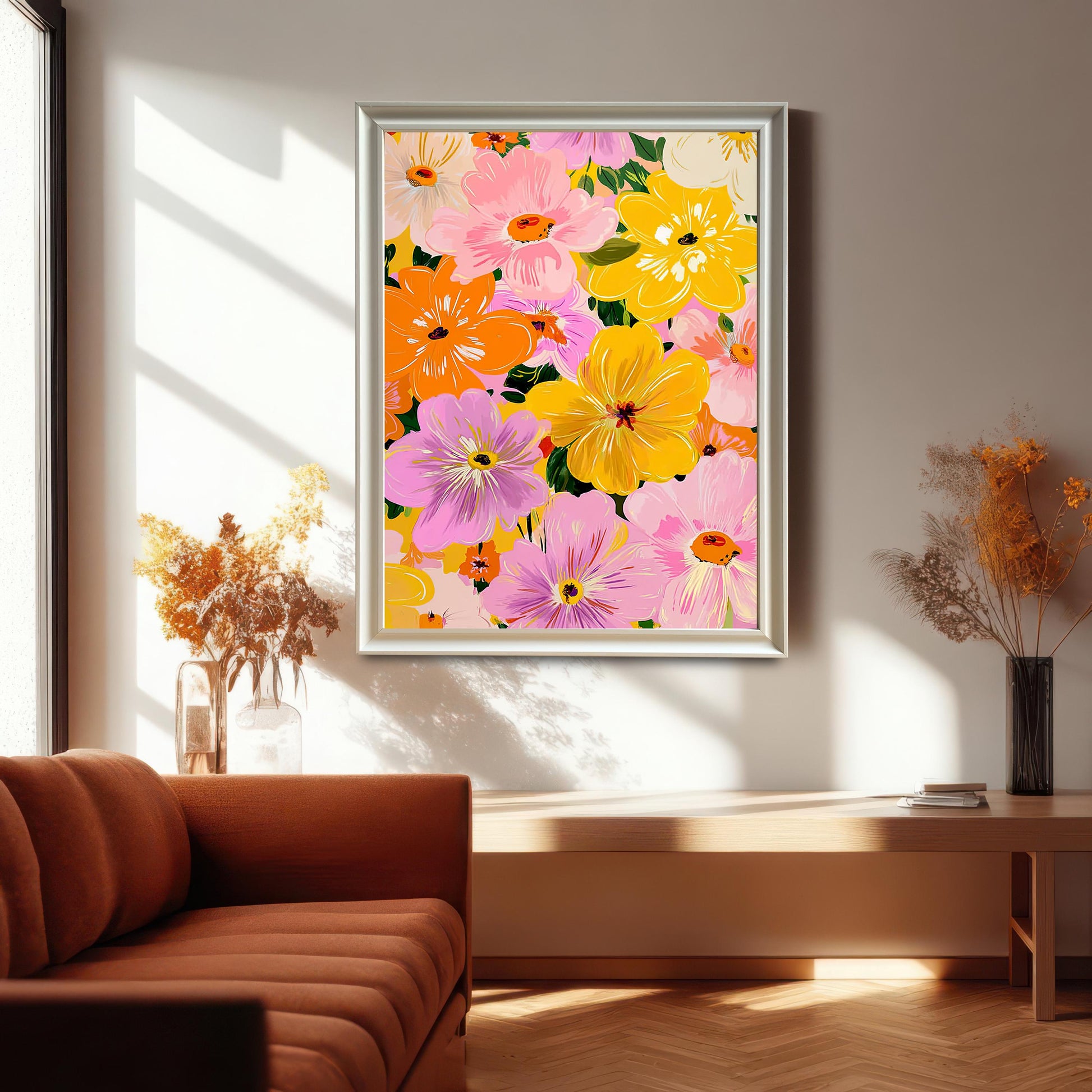 Lifestyle photo of the framed art print featuring a dense, colorful pattern of flowers in pink, yellow, orange, and purple. The print is hanging on a bright wall above a wooden console and is framed in a light-colored/silver frame. A rust-orange sofa is visible on the left.