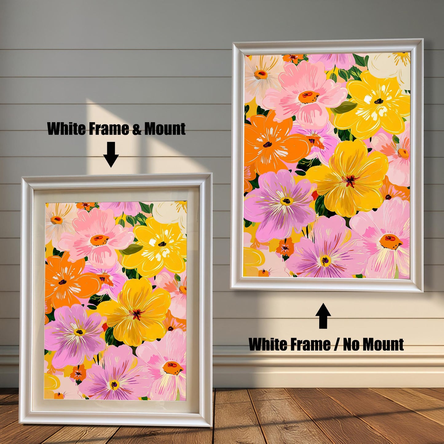 Comparison photo showing the floral art print in white frames with and without a light-colored mat (mount). Arrows indicate "White Frame & Mount" (left) and "White Frame / No Mount" (right).