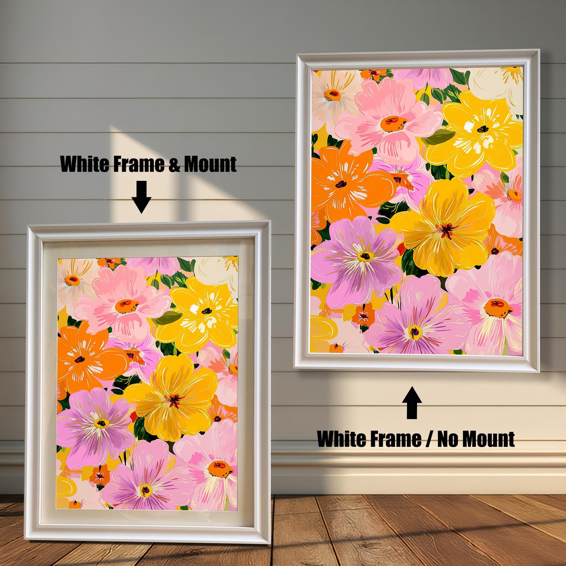 Comparison photo showing the floral art print in white frames with and without a light-colored mat (mount). Arrows indicate "White Frame & Mount" (left) and "White Frame / No Mount" (right).