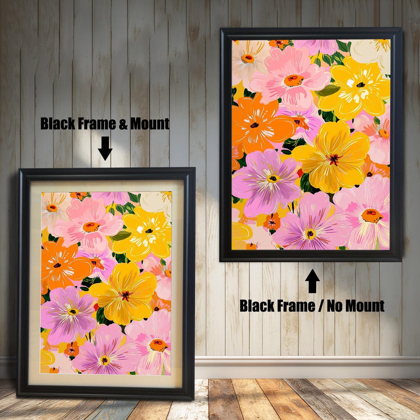 Comparison photo showing the floral art print in black frames with and without a light-colored mat (mount). Arrows indicate "Black Frame & Mount" (left) and "Black Frame / No Mount" (right).