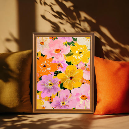 Close-up, cozy lifestyle shot of the framed floral art print, framed in light brown wood, leaning against a wall, flanked by an olive-green pillow and an orange pillow. Strong sunlight casts a dramatic shadow of leaves across the wall and art.