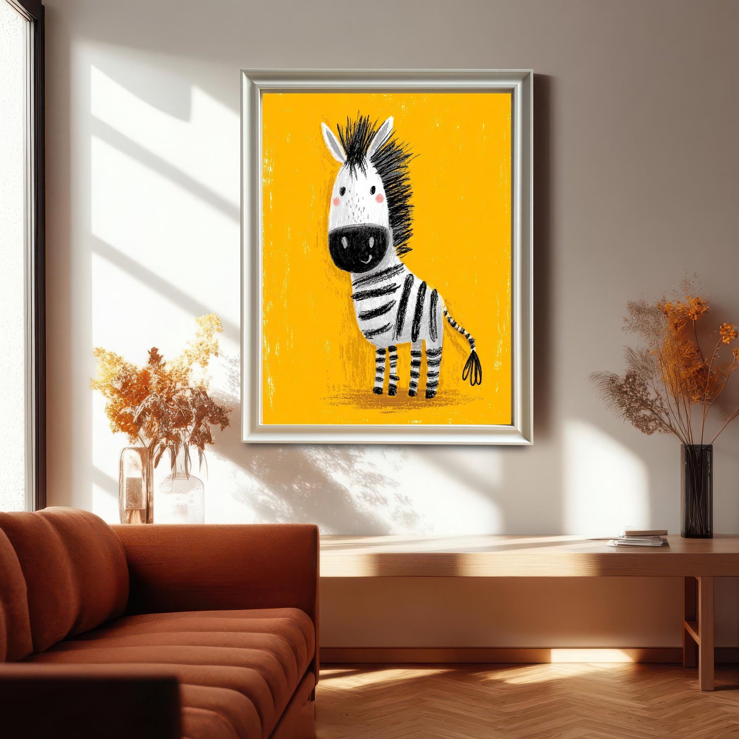 A large framed print of the cartoon zebra in a Silver frame hanging on a white wall above a wooden console table in a sunlit modern living room.