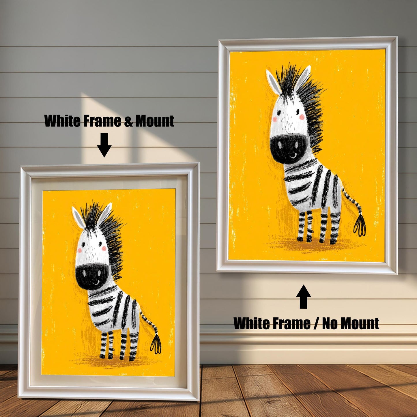 A split image showing two framed art prints of the cartoon zebra. The bottom-left print is in a White frame with a Mount. The top-right print is in a White frame with No Mount.