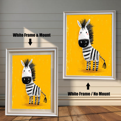 A split image showing two framed art prints of the cartoon zebra. The bottom-left print is in a White frame with a Mount. The top-right print is in a White frame with No Mount.