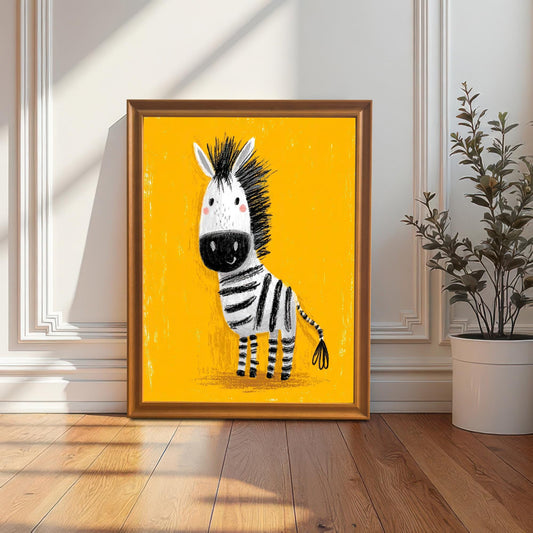 A framed print of the cartoon zebra in an orange frame leaning on a white wall near a potted plant on a wooden floor, bathed in sunlight.
