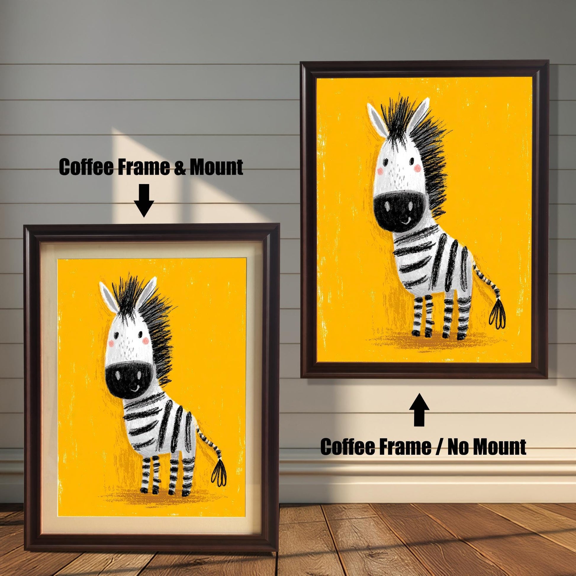 A split image showing two framed art prints of a cute, cartoon black and white zebra against a bright, textured yellow background. The left print is in a Coffee frame with a Mount (or mat). The right print is in a Coffee frame with No Mount.