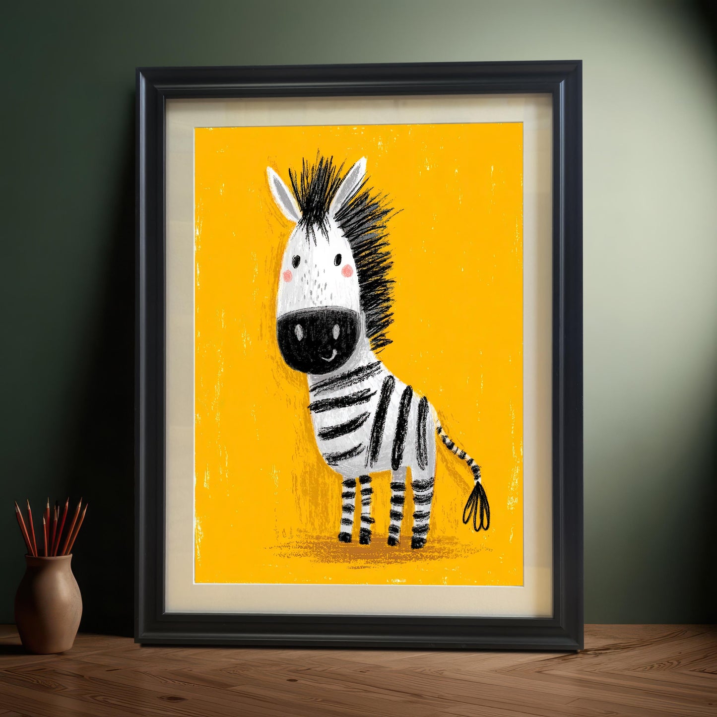 A framed print of the cute, cartoon black and white zebra against a textured yellow background. The print is in a Black frame with a Mount (or mat) and is leaning on a wooden surface against a dark green wall, next to a terracotta pot of colored pencils.