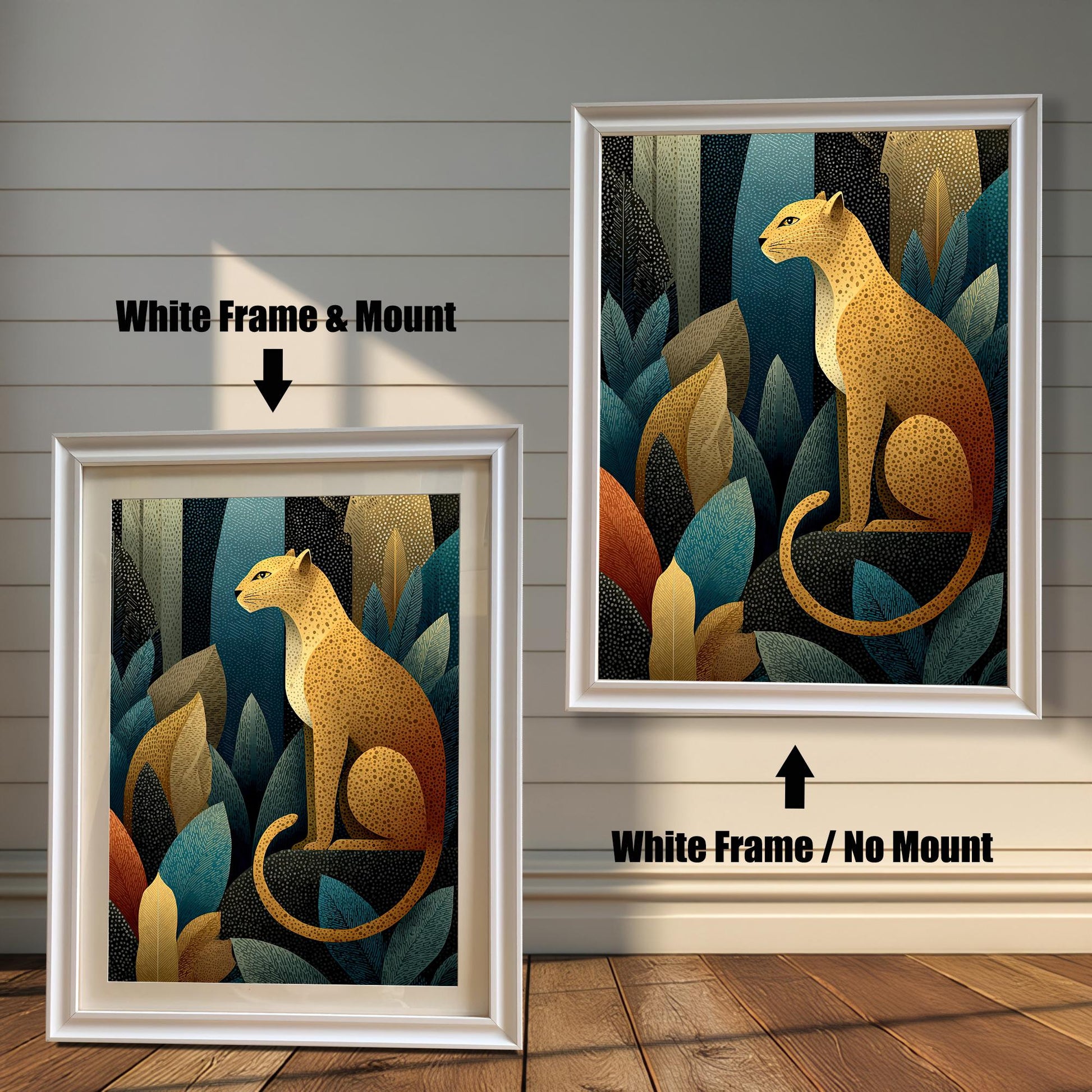 Two versions of the leopard art print side-by-side, both with a white frame. The left print is shown with a White Frame & Mount (matting), and the right print is shown with a White Frame / No Mount.