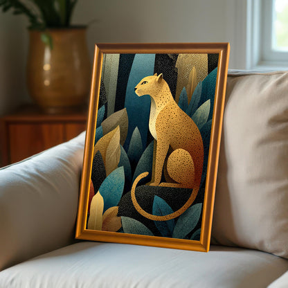 A close-up view of the leopard art print with a light orange-gold frame, resting on a white, textured sofa in a sunlit room.