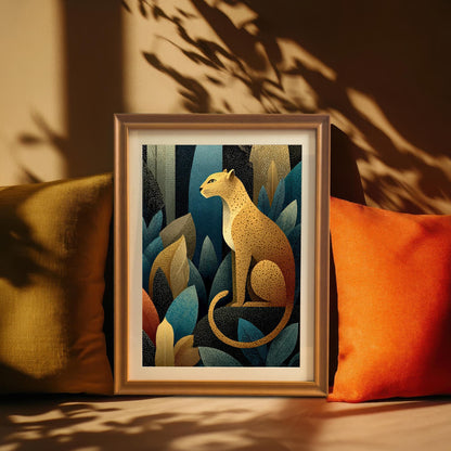 A framed art print of a golden leopard in a jungle of stylized leaves, shown with a light wooden frame resting between two large, soft orange and olive-colored pillows. Sunlight casts dramatic plant shadows onto the wall behind it.