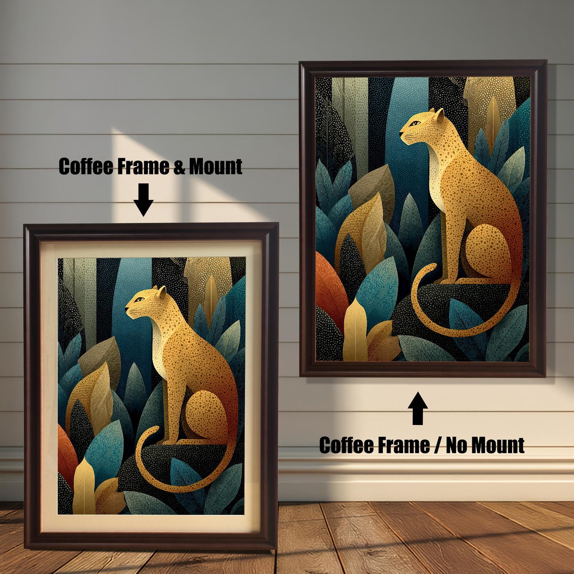 Two versions of the leopard art print side-by-side, both with a Coffee (dark brown) frame. The print on the left is shown with a Coffee Frame & Mount (matting), and the print on the right is shown with a Coffee Frame / No Mount.