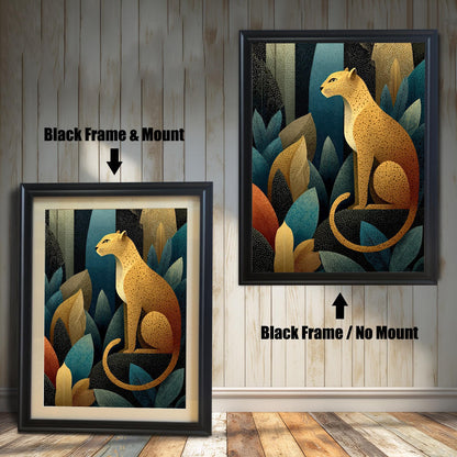 Two versions of the leopard art print side-by-side, both with a black frame. The left print is shown with a Black Frame & Mount (matting), and the right print is shown with a Black Frame / No Mount.