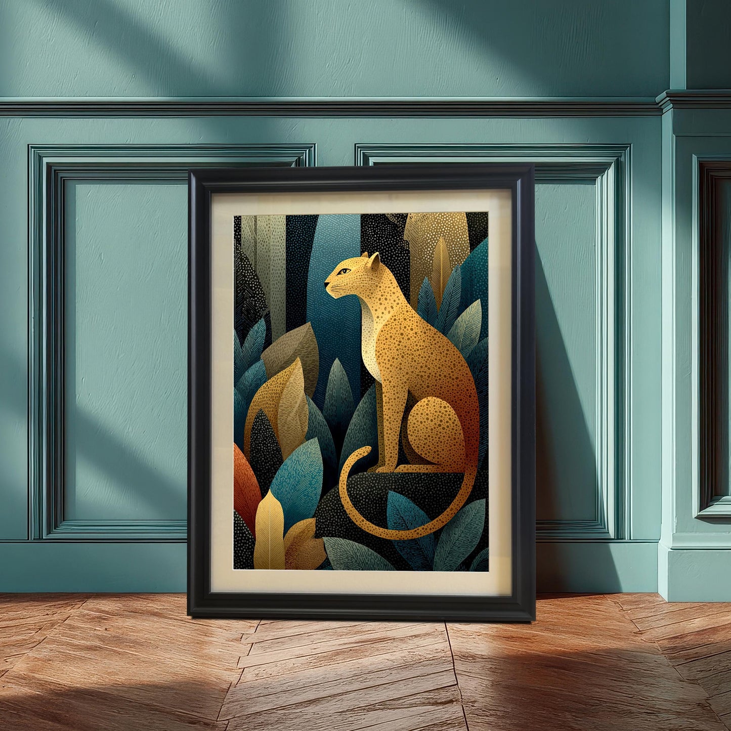 A framed art print of a golden leopard sitting among stylized blue, teal, and gold foliage, leaning against a dark teal paneled wall in sunlight.